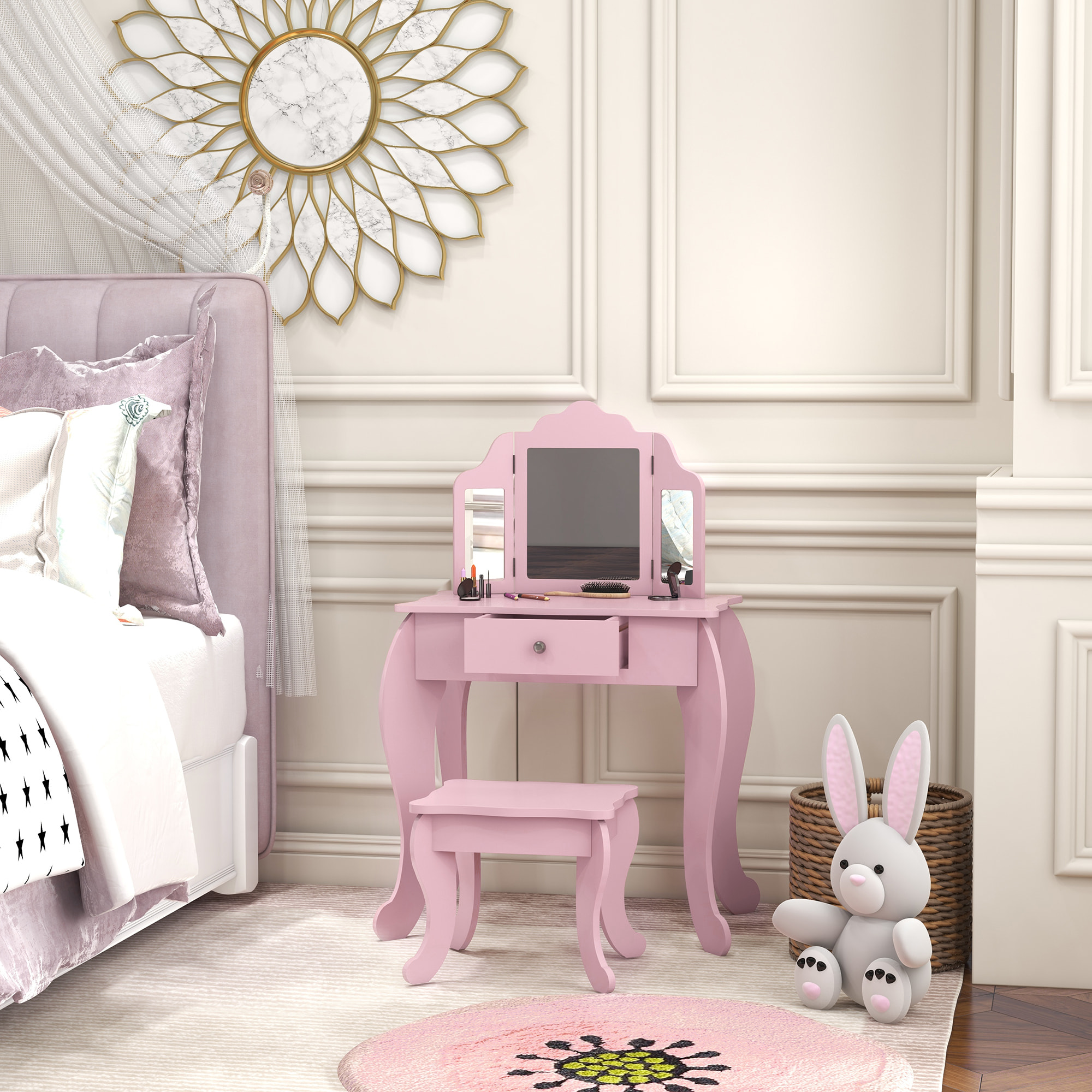 Tocador Infantil con Taburete y Espejo Ajustable, Tocador para Niñas con Cajón, Mesa de Maquillaje para Niños y Niñas de 3-6 Años, Rosa