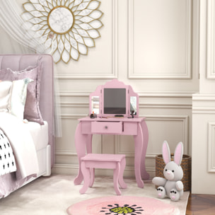 Tocador Infantil con Taburete y Espejo Ajustable, Tocador para Niñas con Cajón, Mesa de Maquillaje para Niños y Niñas de 3-6 Años, Rosa