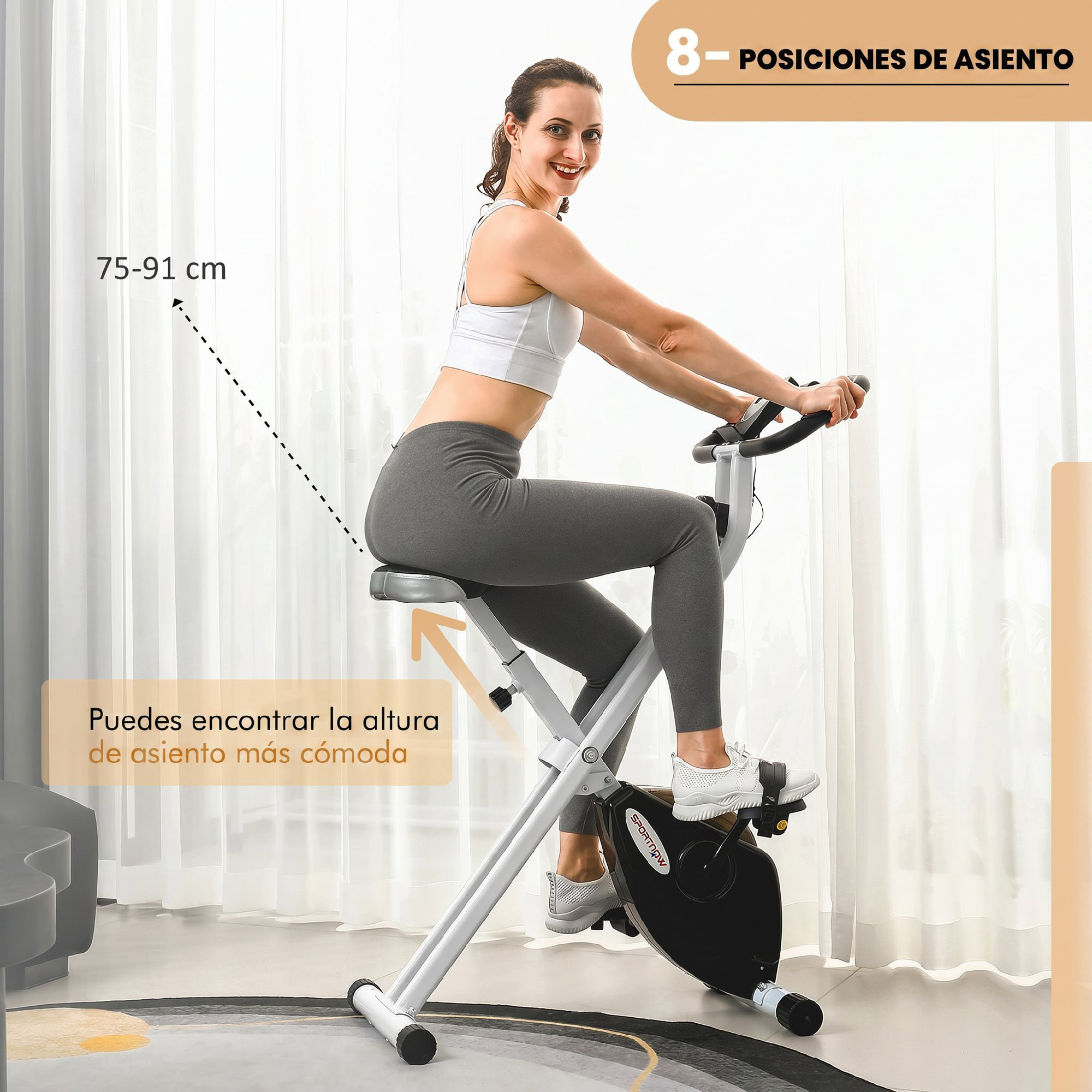 SPORTNOW Bicicleta Estática Plegable, Bicicleta Estática Casa Silenciosa con 8 Niveles Resistencia Magnética, Monitor LCD, Asiento Ajustable, Volante, Sensor Ritmo, Soporte Teléfono y Ruedas, Blanco