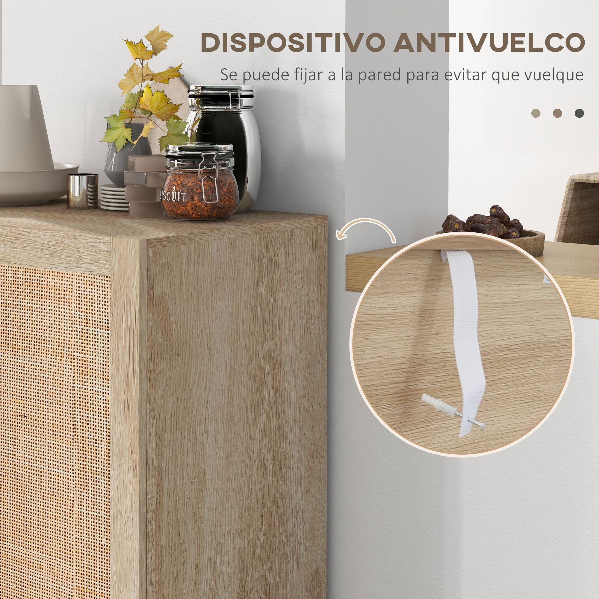 Armario de Salón con 2 Puertas de Rejilla de Ratán y Estantes Ajustables Aparador de Salón para Oficina Estudio Dormitorio Estilo Nórdico Antivuelco 73x41x102 cm Natural