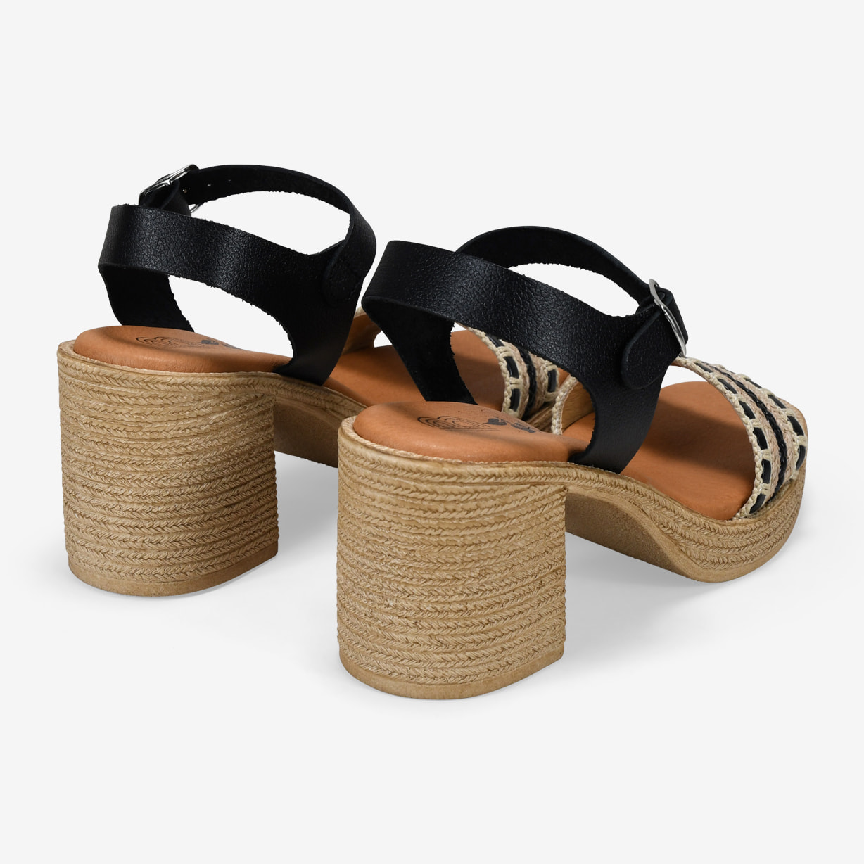 Sandalias de piel negras con tacón efecto esparto