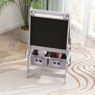 Tableau chevalet enfant - tableau blanc, tableau à craie, rouleau papier 3 en 1 - paniers rangement intégrés - MDF pin gris