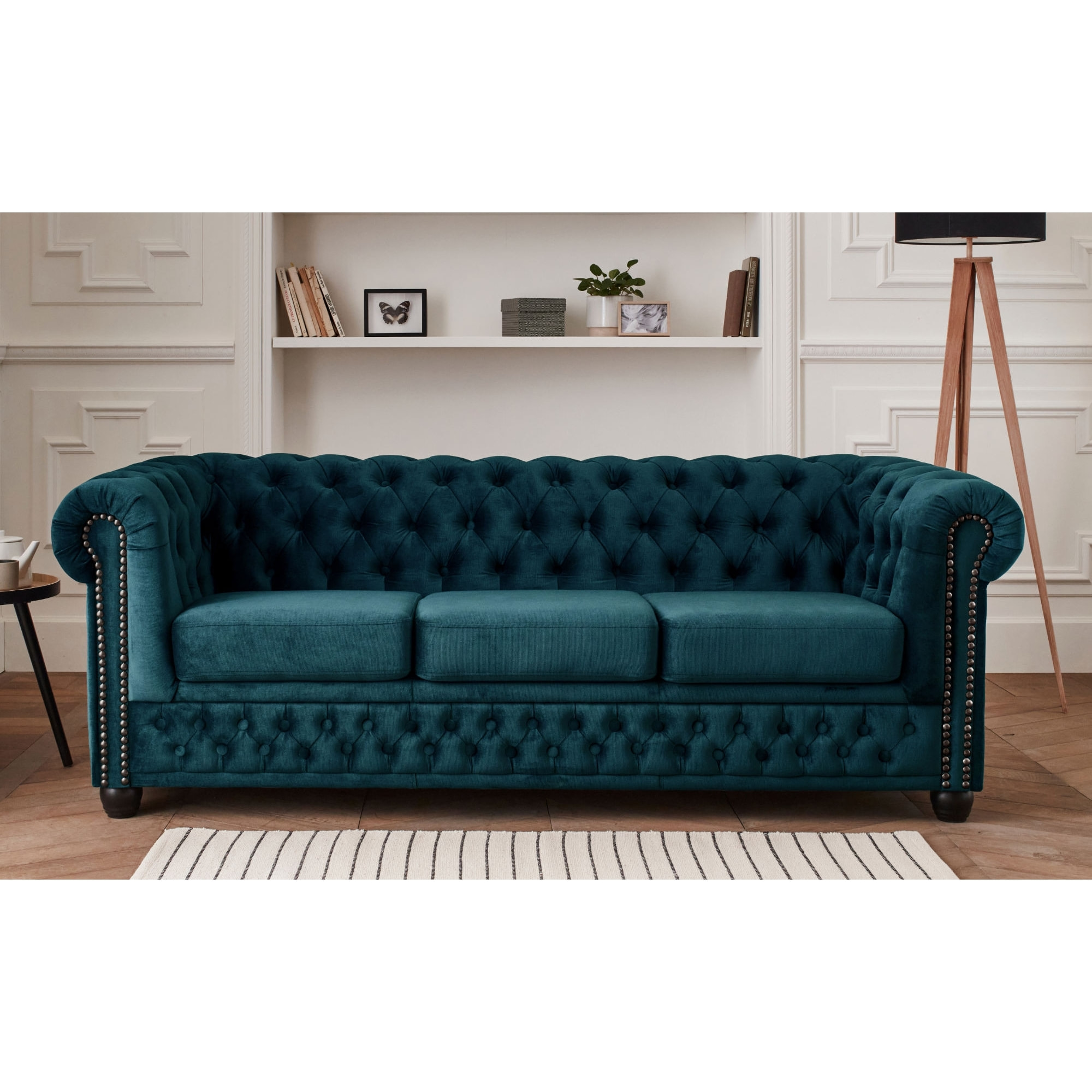 William - canapé Chesterfield - 3 places - en velours - Bleu canard