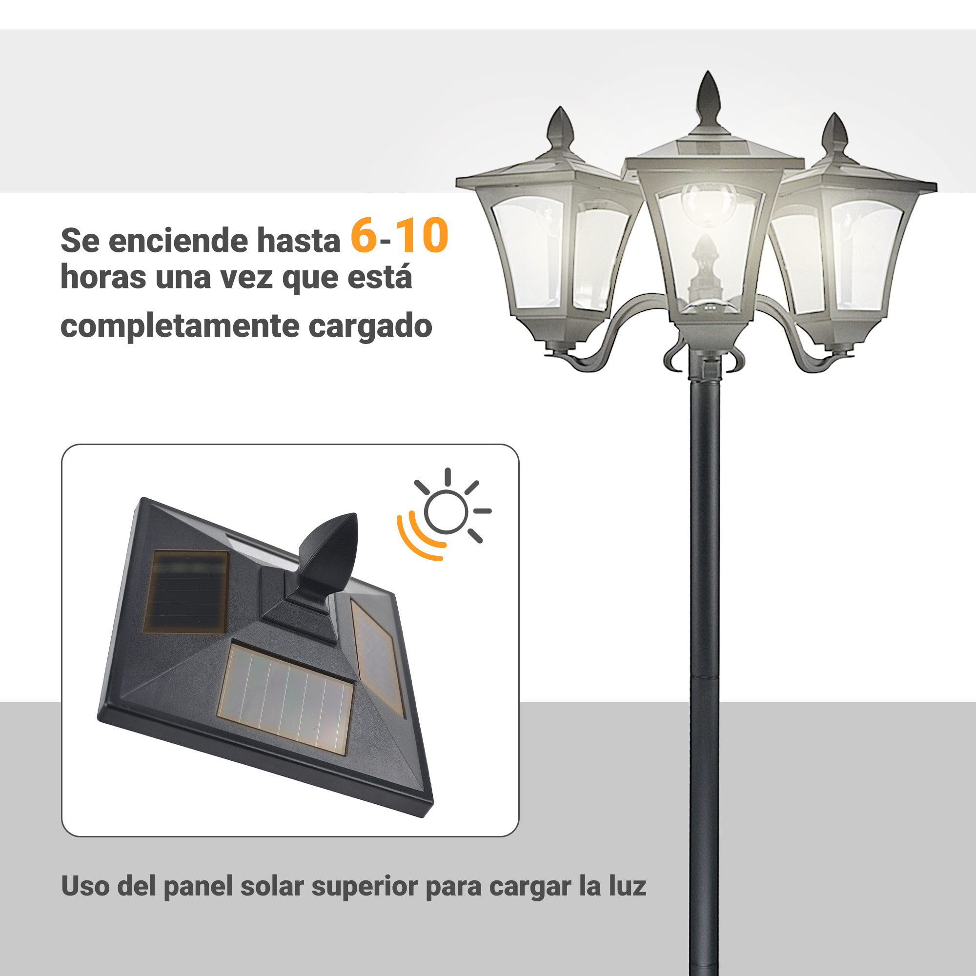 Farol Solar de Jardín con 3 Luces LED Impermeable IP44 Sensor de Noche Farola de Exterior para Camino Terraza Patio 51,5x47x182,5 cm Negro