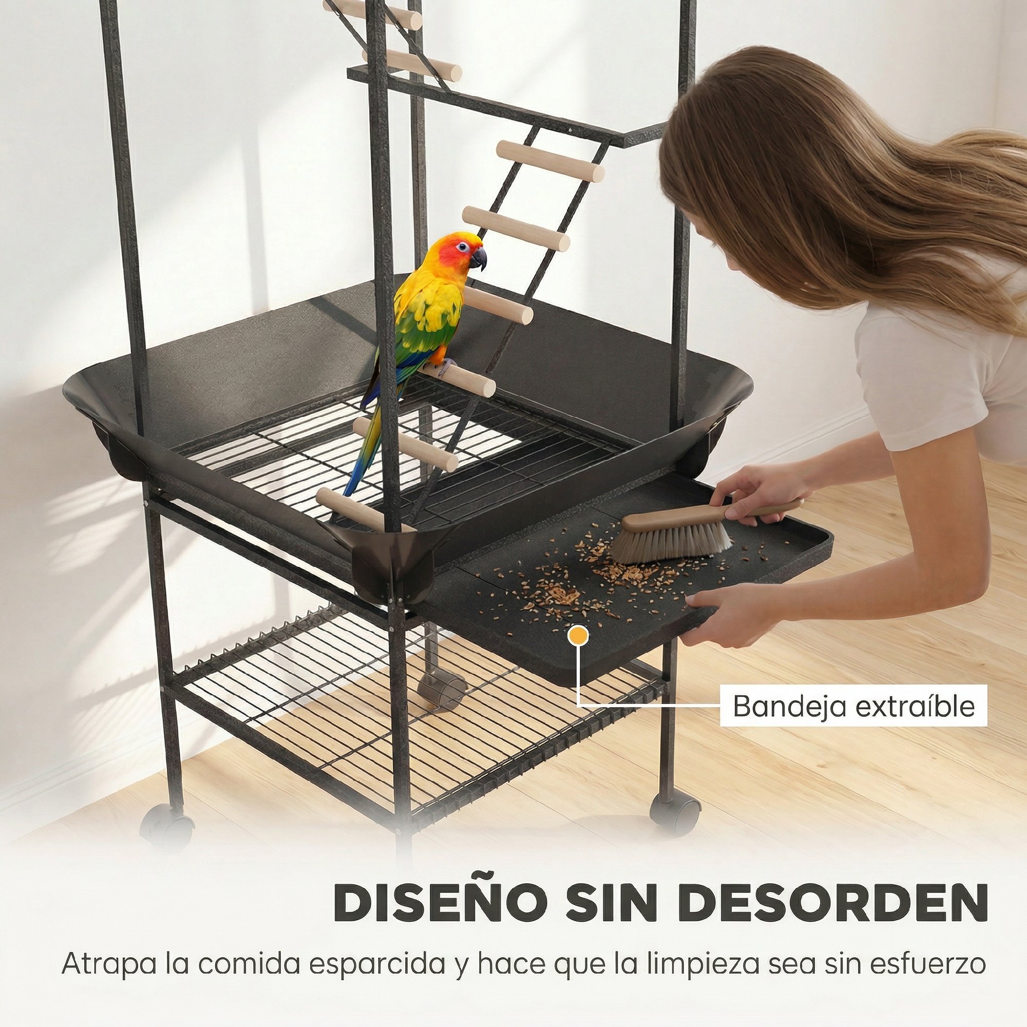 Parque de Juegos para Pájaros, Soporte para Pájaros con Ruedas, Escaleras, Columpio, Protector de Semillas, Bandeja, Comederos, Perchas, Gancho, Estante, para Periquitos Cacatúas, 63x63x163 cm