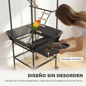 Parque de Juegos para Pájaros, Soporte para Pájaros con Ruedas, Escaleras, Columpio, Protector de Semillas, Bandeja, Comederos, Perchas, Gancho, Estante, para Periquitos Cacatúas, 63x63x163 cm