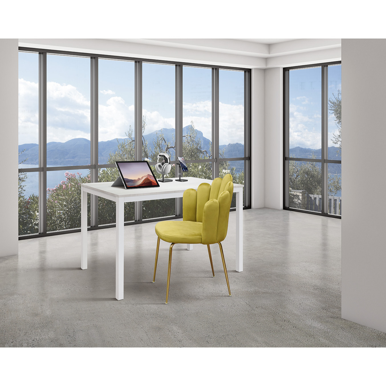 Set di 4 sedie LILLE in tessuto effetto velluto giallo ocra e gambe in metallo color oro