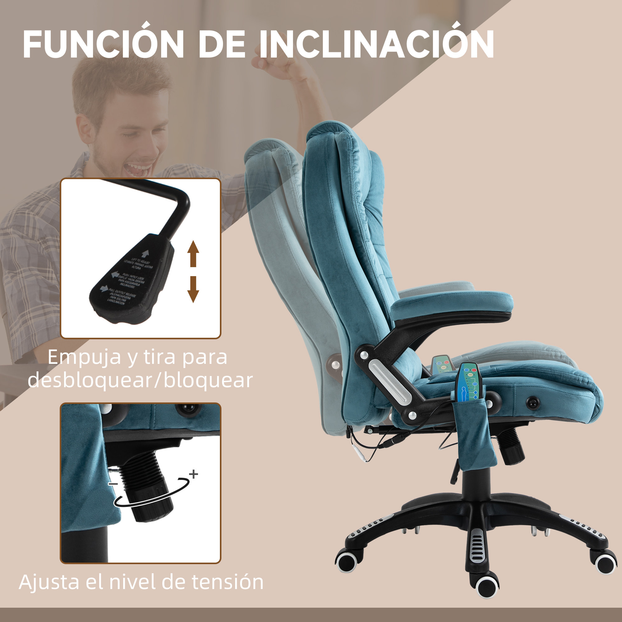 Silla de Oficina con Masaje de 6 Puntos Silla de Escritorio Giratoria con Función Basculante con Calefacción Altura Ajustable Respaldo Reclinable y Mando a Distancia Azul