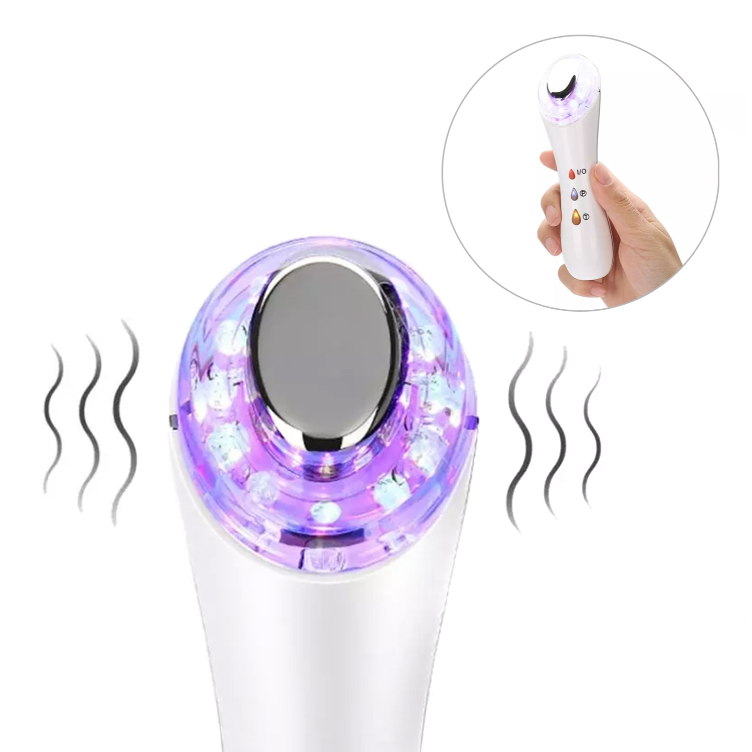 Cura della pelle 3 in 1 con trattamento con luce LED, massaggiatore e trattamento ad ultrasuoni + IONI.