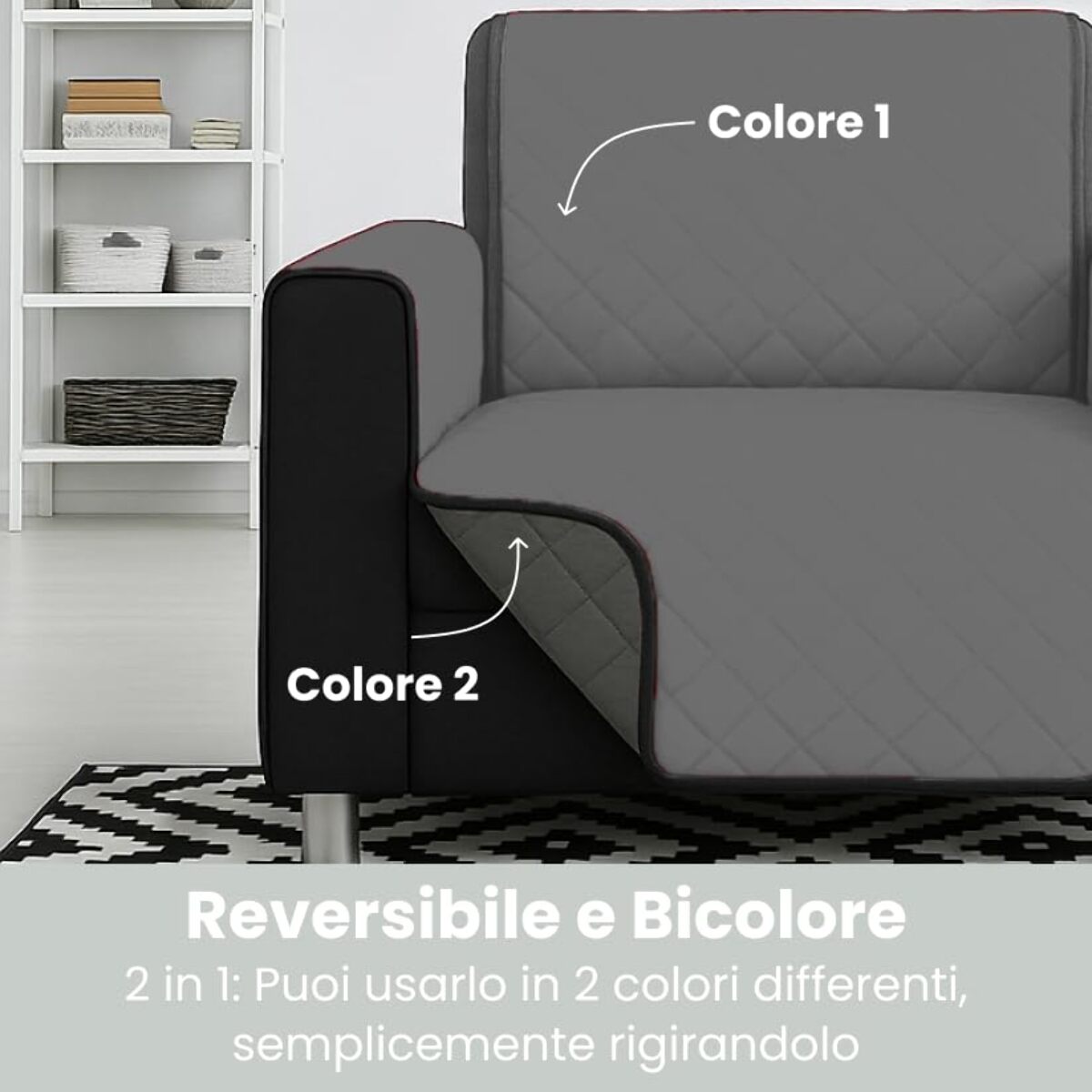 INTRECCI Copripoltrona Grigio Chiaro/Grigio Scuro Bicolore Antimacchia Waterproof Facilmente Lavabile con Elastico Misure Multiple Salva Divano Reversibile Certificazione Oeko Tex