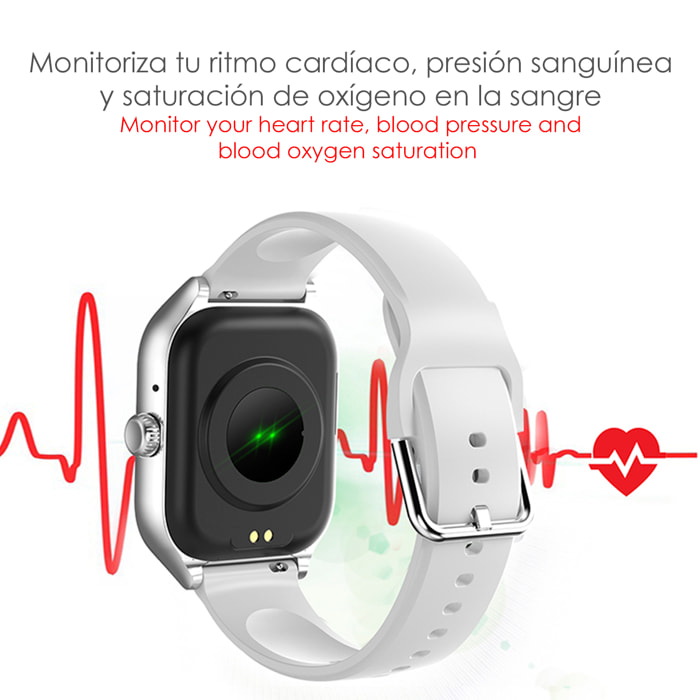 Smartwatch GTS4 Plus con chiamate BT, notifiche push. Monitor sportivo e sanitario. Corona multifunzione. 2 cinturini in silicone e metallo.