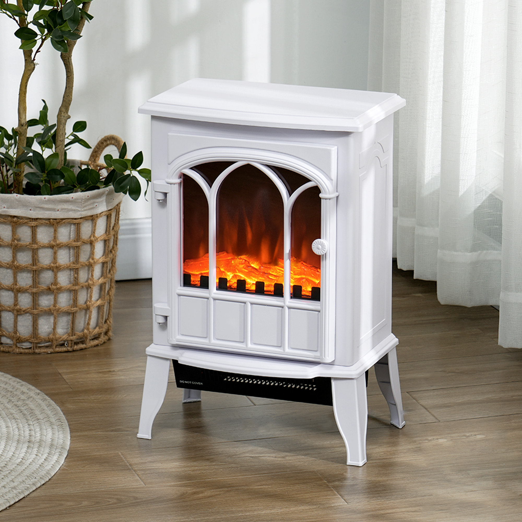 Cheminée électrique poêle style rétro 1000-2000 W simulation flammes LED porte blanc