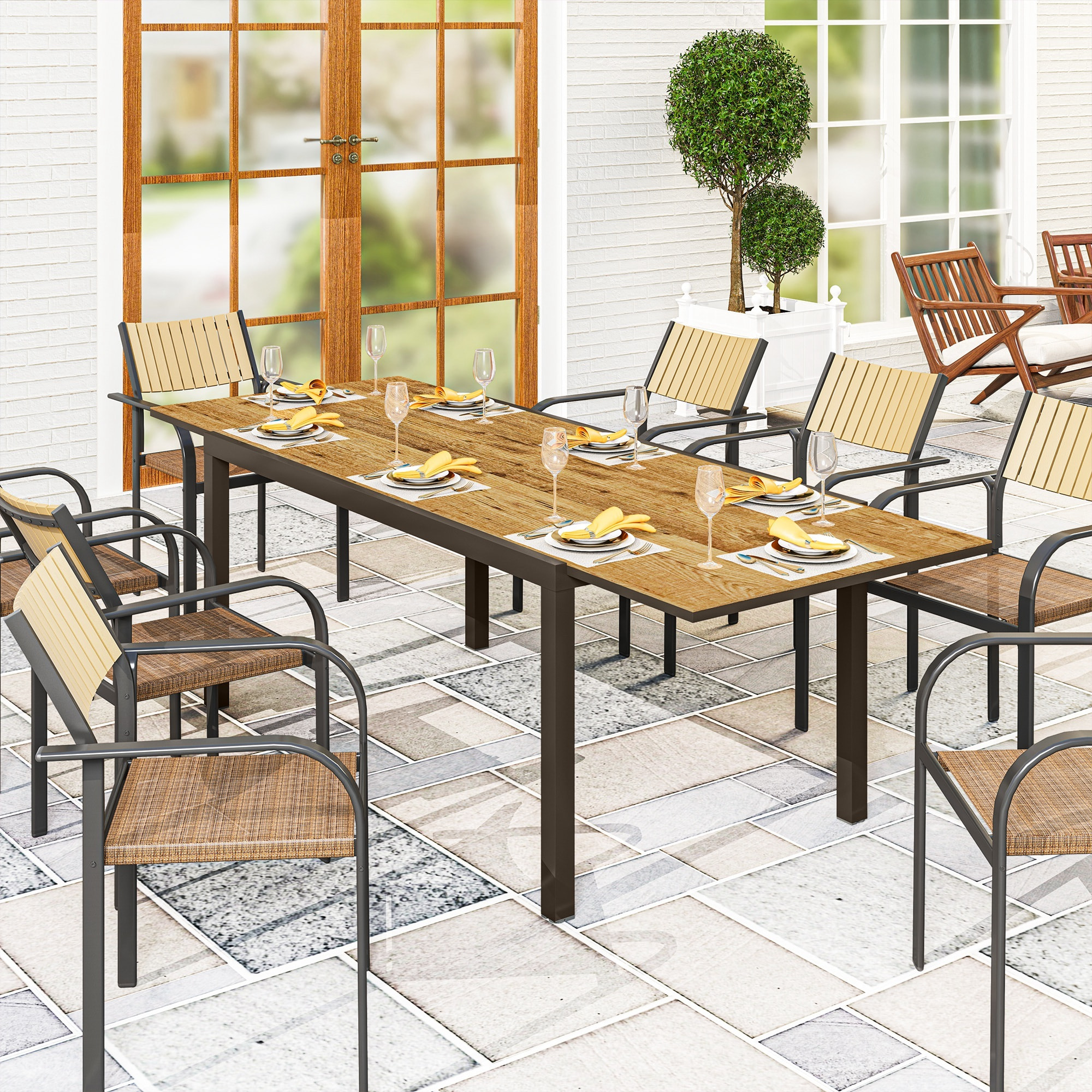 Mesa de Jardín Extensible, Mesa de Comedor Exterior Ajustable 160-240 cm, con Borde de Aluminio, Carga 70 kg, Mesita Rectangular para 6-8 Personas, para Patio, Terraza, Marrón