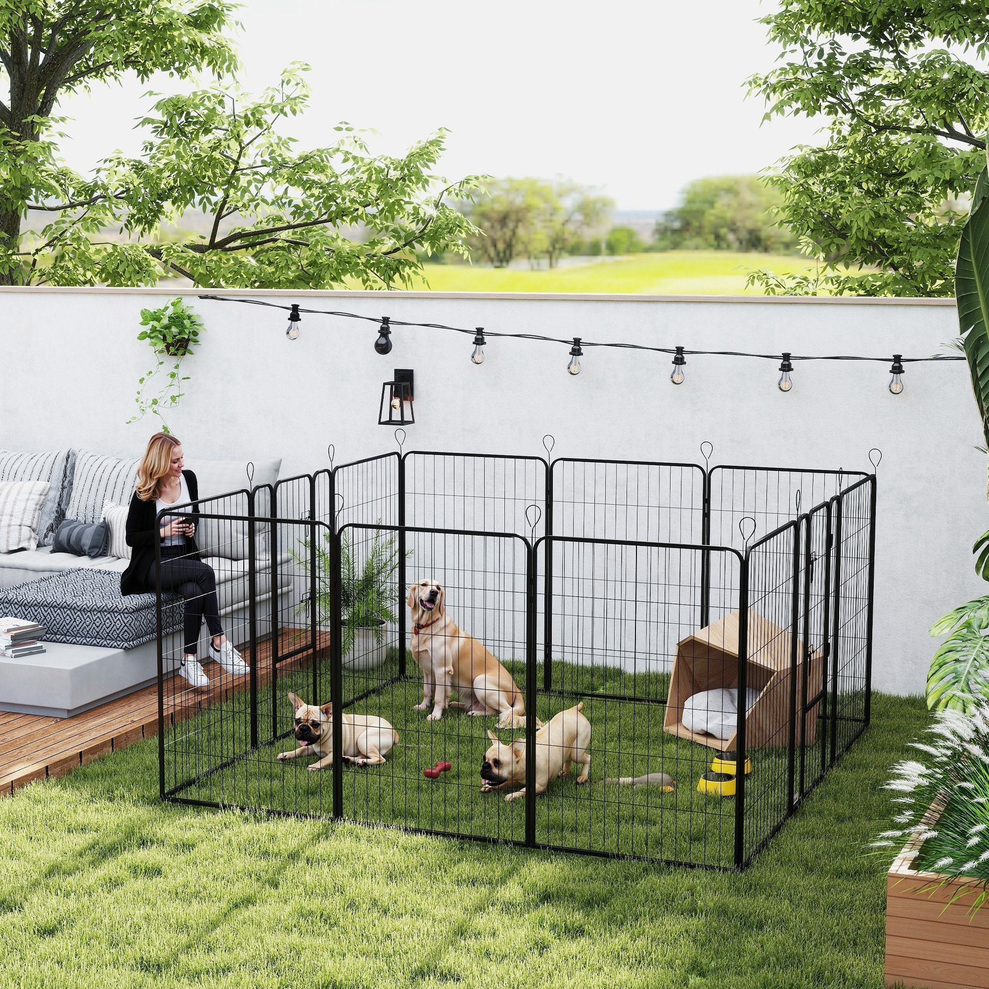 Parque para Perros Vallas para Mascotas de 12 Paneles 80x120 cm con 2 Puertas con Pestillo Corralito para Perros Grandes Medianos y Pequeños de Acero para Interior y Exterior Negro