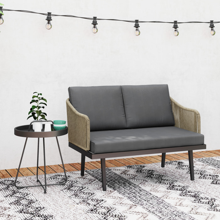 Canapé de jardin 2 places design contemporain - 3 coussins - acier gris résine filaire naturel
