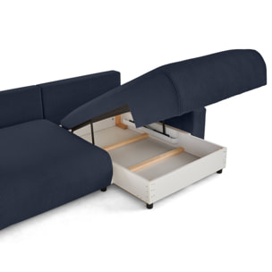 Pivoine - canapé d'angle 4 places réversible convertible avec 2 coffres en velours côtelé - Bleu nuit