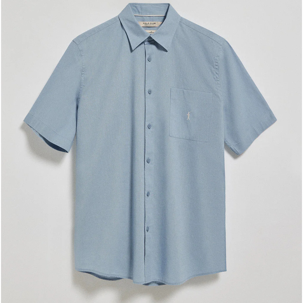 Camicia celeste a maniche corte in lino-cotone con ricamo Rigby Go