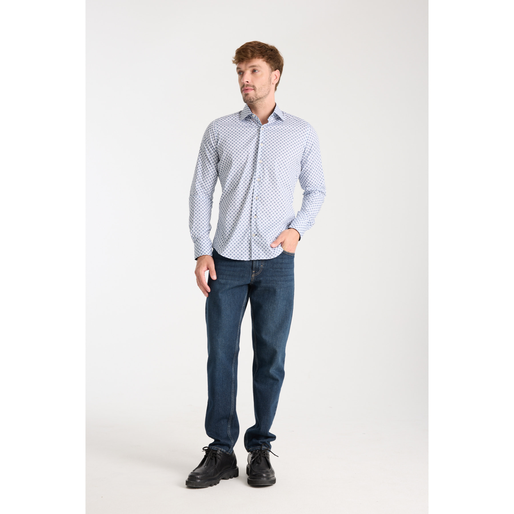 Camicia Uomo 1 Bottone Francese Slim Popeline Stretch Stampato Bianco/Celeste