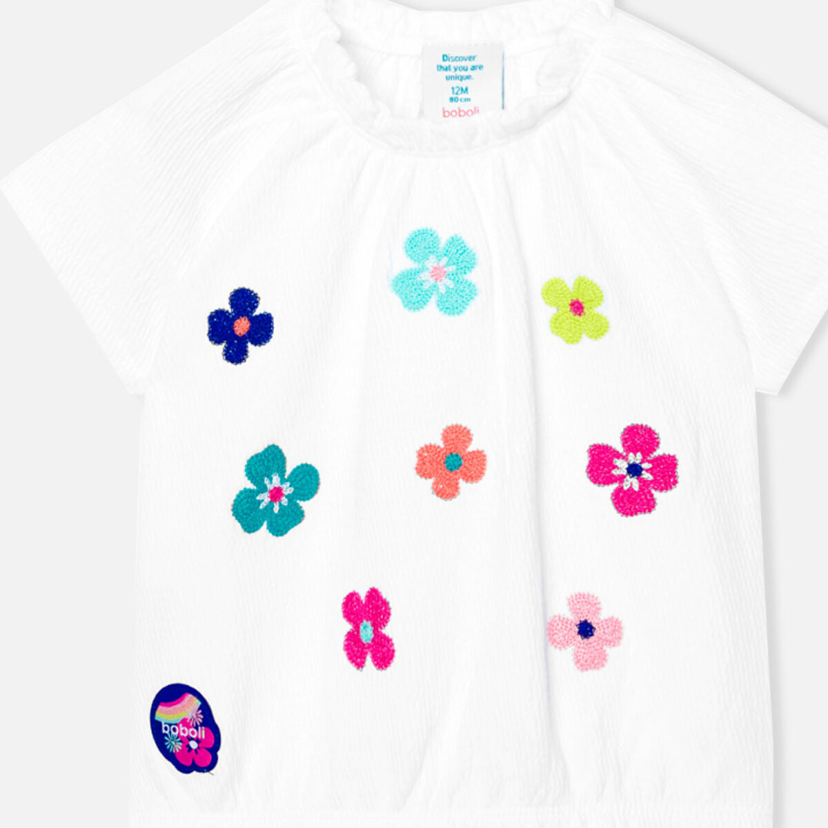 Camiseta niña engomada, estampado flores, blanco, mangas
