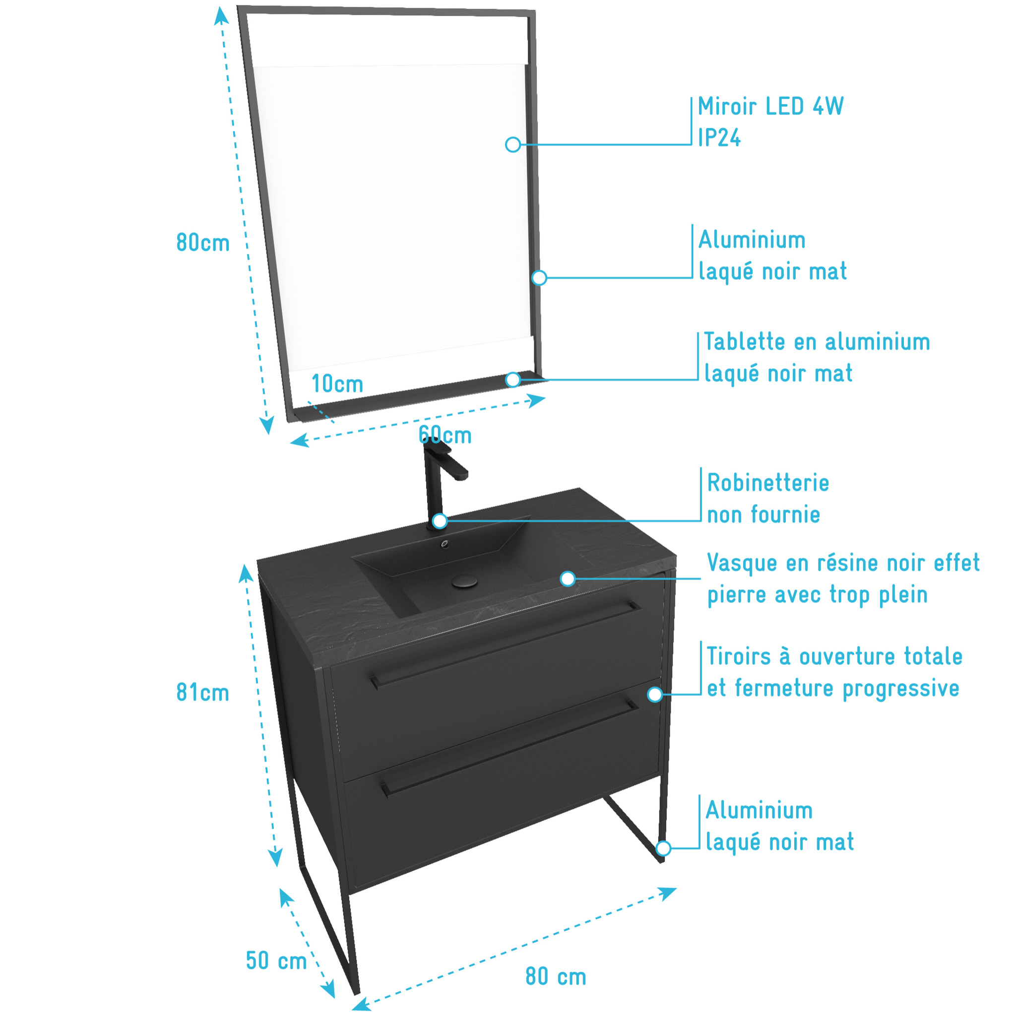 Meuble de salle de bain 80x50 cm - 2 tiroirs noir mat - vasque résine noire effet pierre + miroir