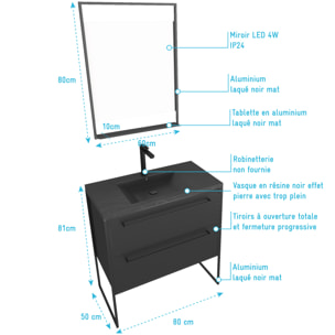 Meuble de salle de bain 80x50 cm - 2 tiroirs noir mat - vasque résine noire effet pierre + miroir