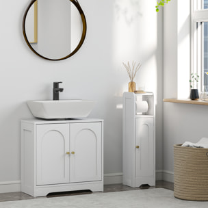 Mueble bajo Lavabo Mueble de Baño con 2 Puertas con Diseño de Arco Estante Ajustable Tiradores Dorados para Lavabo con o sin Pedestal 60x30x65 cm Blanco