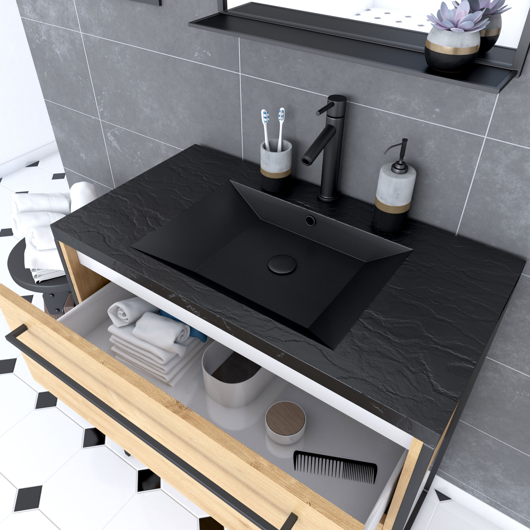 Meuble de salle de bain 80x50cm - tiroirs chêne brun - vasque résine noire effet pierre - miroir