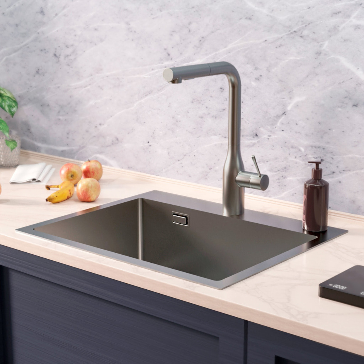Timeless Évier de cuisine encastrable inox 304, 1 bac, 55x45x21 cm, Gun Metal brossé PVD