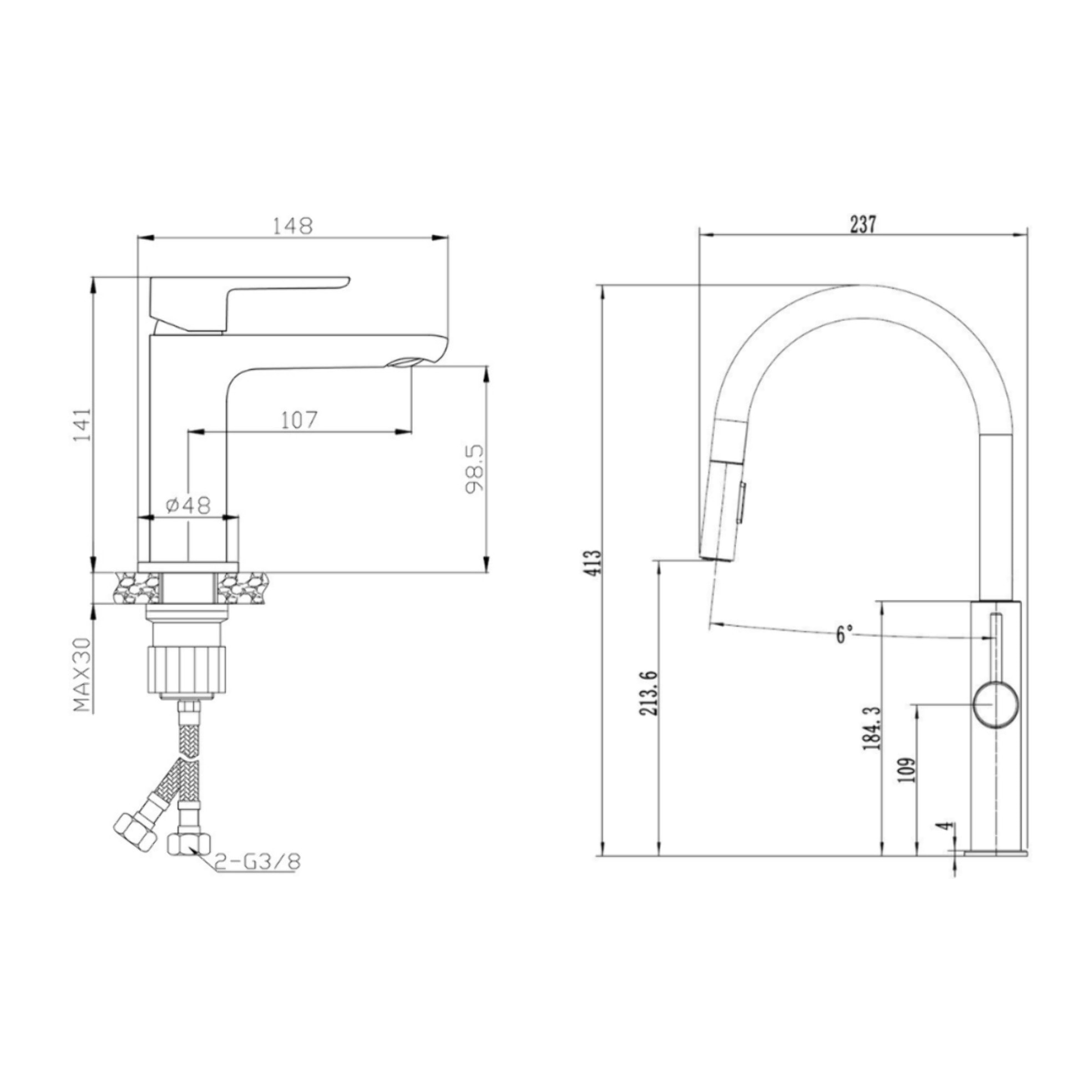 set mitigeur lavabo à levier sans tirette + mitigeur cuisine avec douchette extractible 2 jets, noir mat (SATBSD2OD271C)