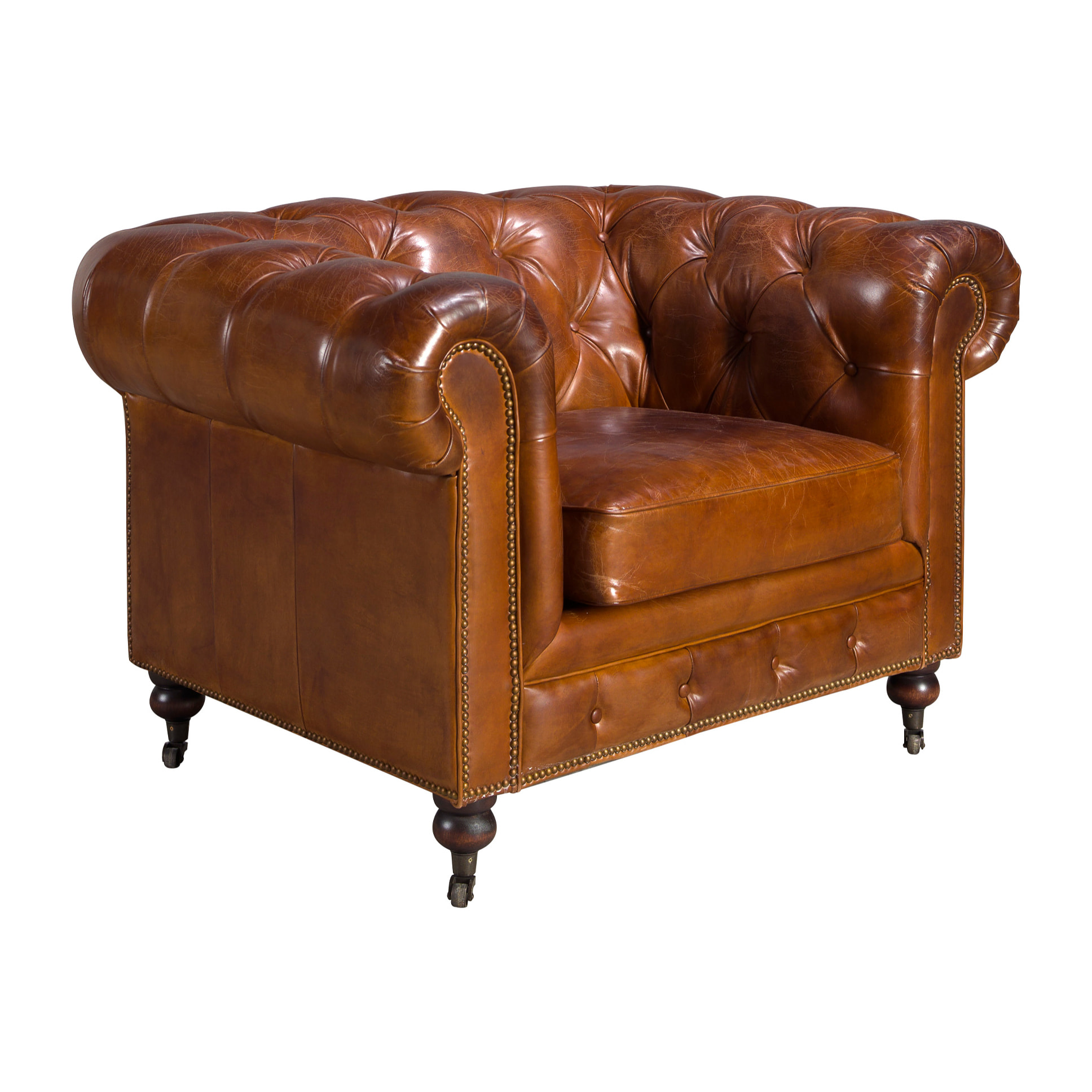 Sillón Chester con reposabrazos con asiento y respaldo tapizados en piel de origen vacuno en marrón coñac patas de madera maciza tintada en caoba 120x94x79cm