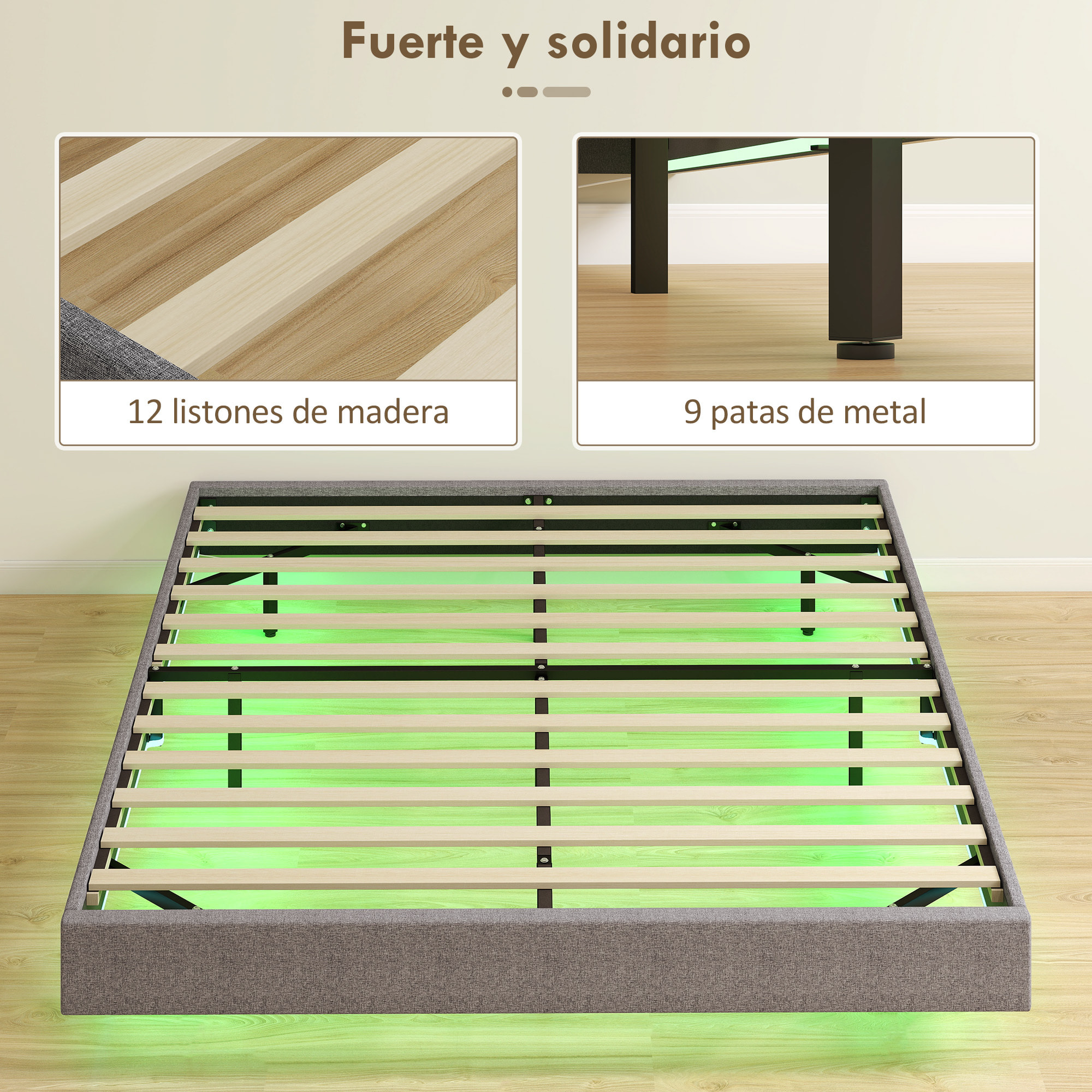 Somier Flotante 160x200 cm con Luces LED, Estructura de Cama, Tapizado en Lino, Láminas de Madera, Silencioso, Fácil de Montar, Gris
