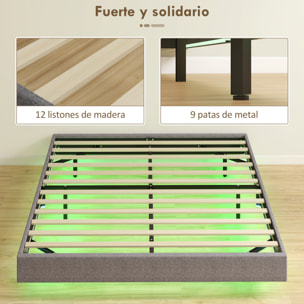 Somier Flotante 160x200 cm con Luces LED, Estructura de Cama, Tapizado en Lino, Láminas de Madera, Silencioso, Fácil de Montar, Gris