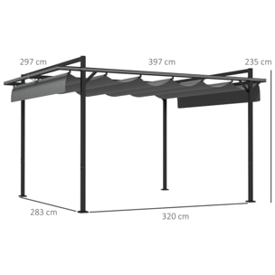 Pérgola 3x4 m Gazebo Cenador de Jardín con Techo Retráctil de Poliéster y 12 Orificios de Drenaje Pérgola para Patio Terraza Exterior Gris Oscuro