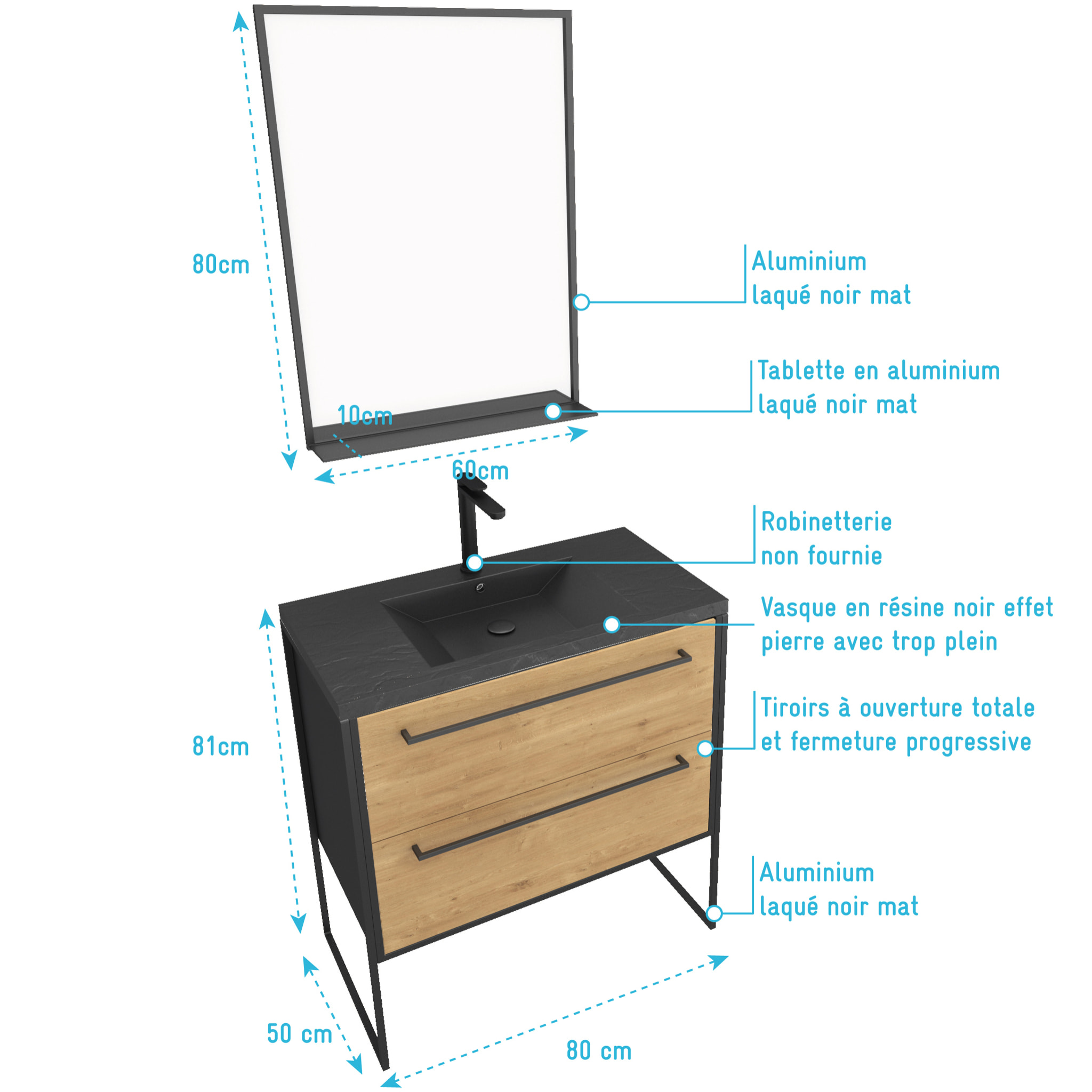 Meuble de salle de bain 80x50 cm NOIR MAT - 2 tiroirs - vasque résine noire effet pierre + miroir