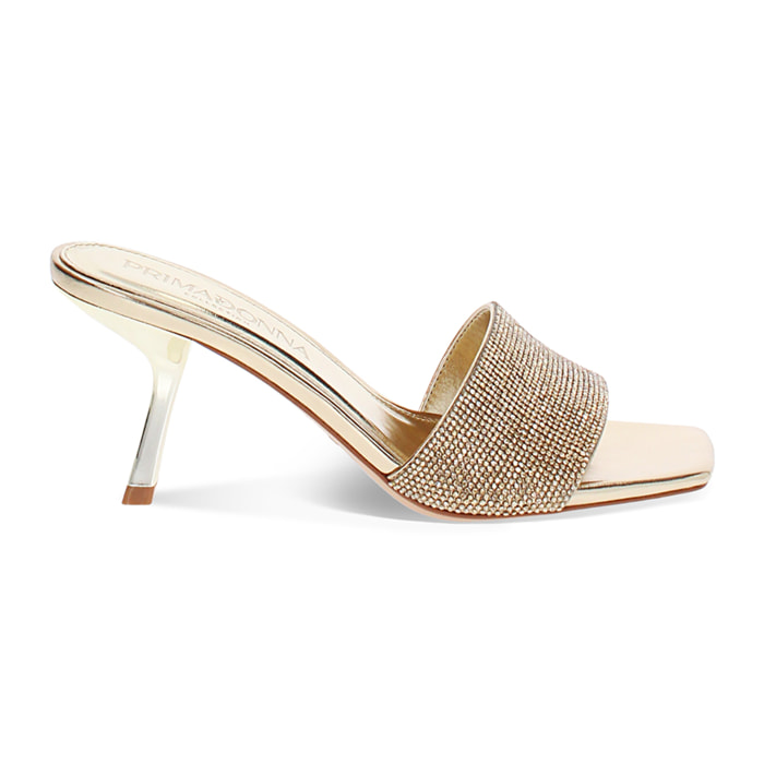 Mules open toe donna oro in laminato e pietre, tacco 7,5 cm
