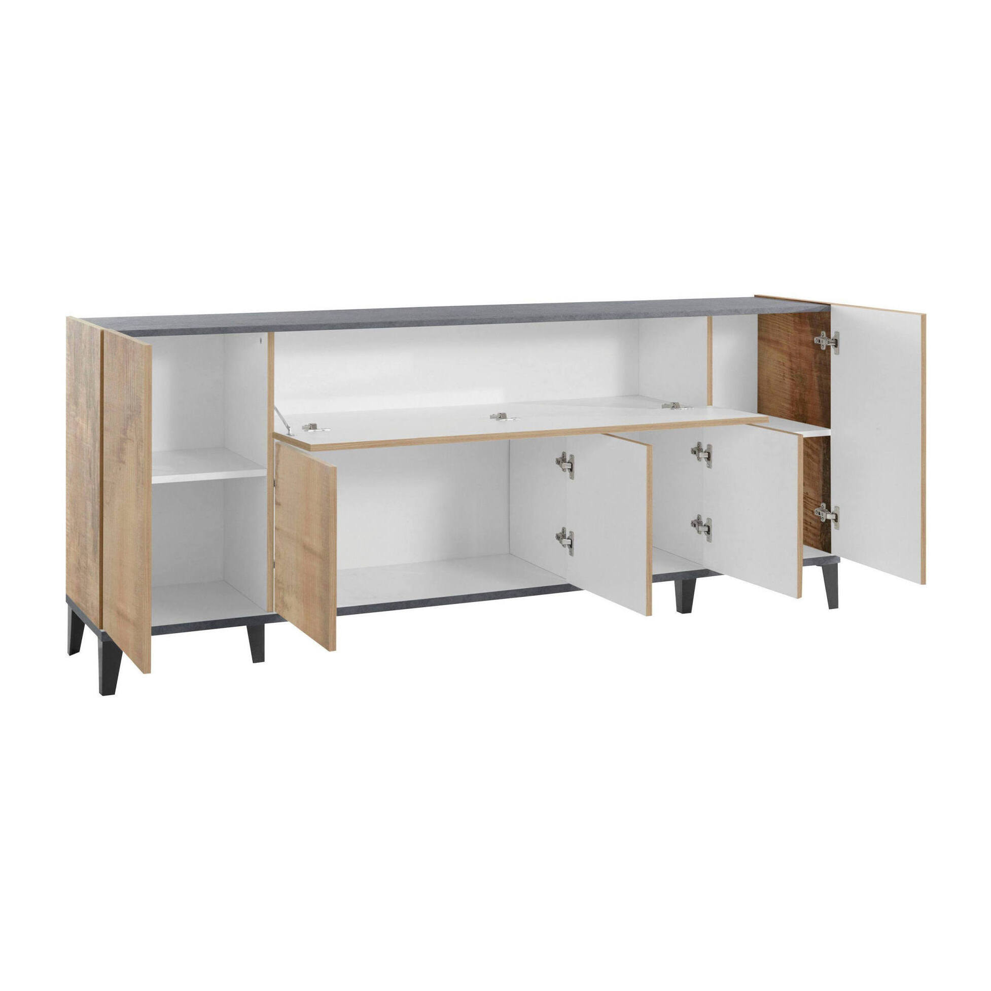 Credenza moderna a 6 ante, Made in Italy, Madia da cucina rialzata, Buffet di design da soggiorno, Cm 200x40h82, Ardesia e Acero