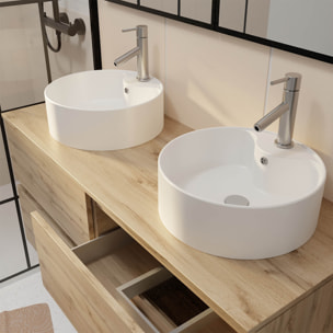 Meuble Salle de Bains 120cm 4 Tiroirs Chêne Naturel - 2 Vasques Rondes 41cm en Céramique Blanche