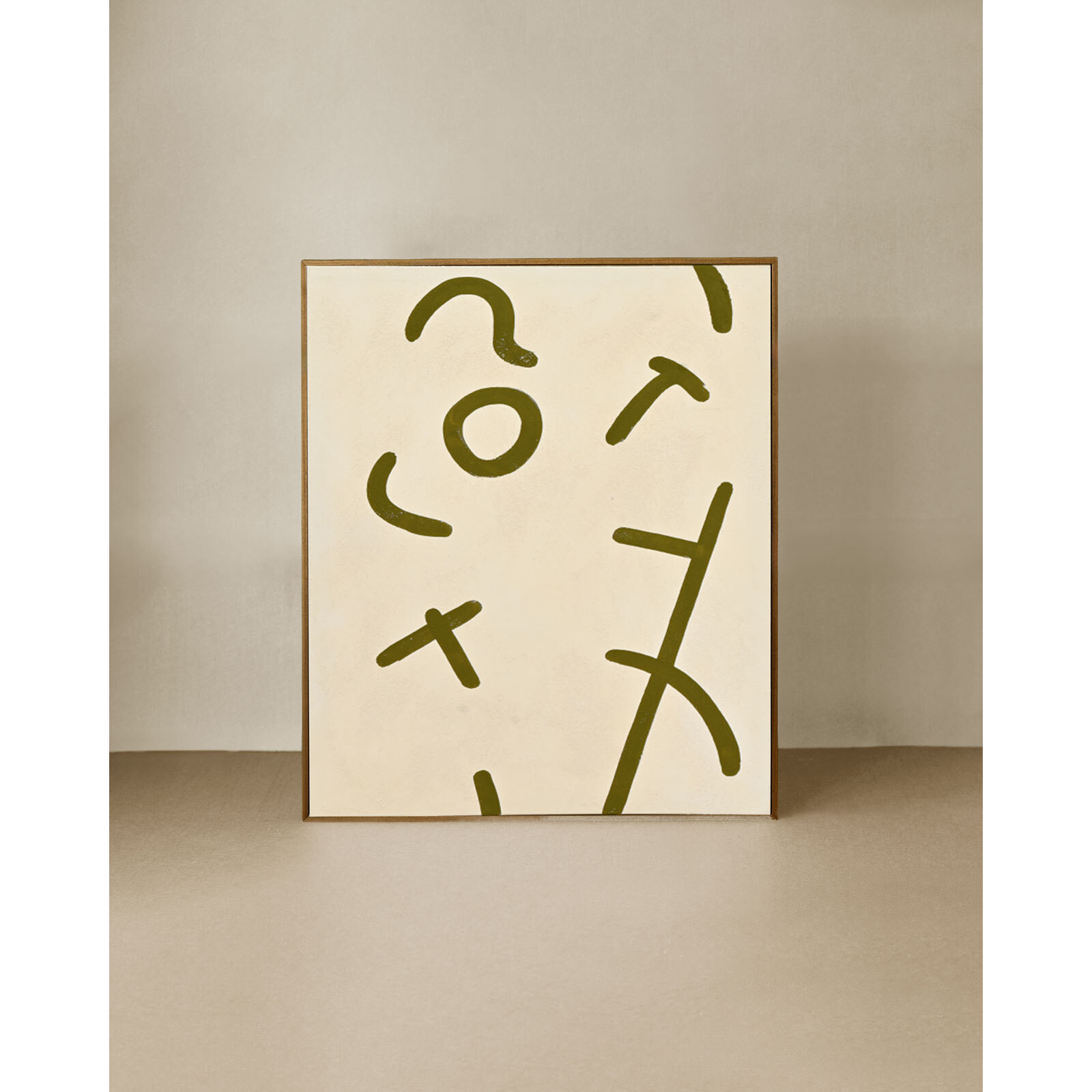Tableau beige et vert décoratif sur coton avec cadre en bois peint à la main à la peinture à l'huile en différentes tailles