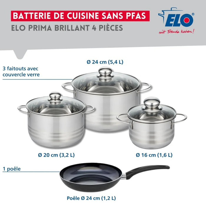 Ensemble de 1 Poêle de cuisson 24 cm et 3 faitouts 16, 20 et 24 cm Elo Prima Brillant