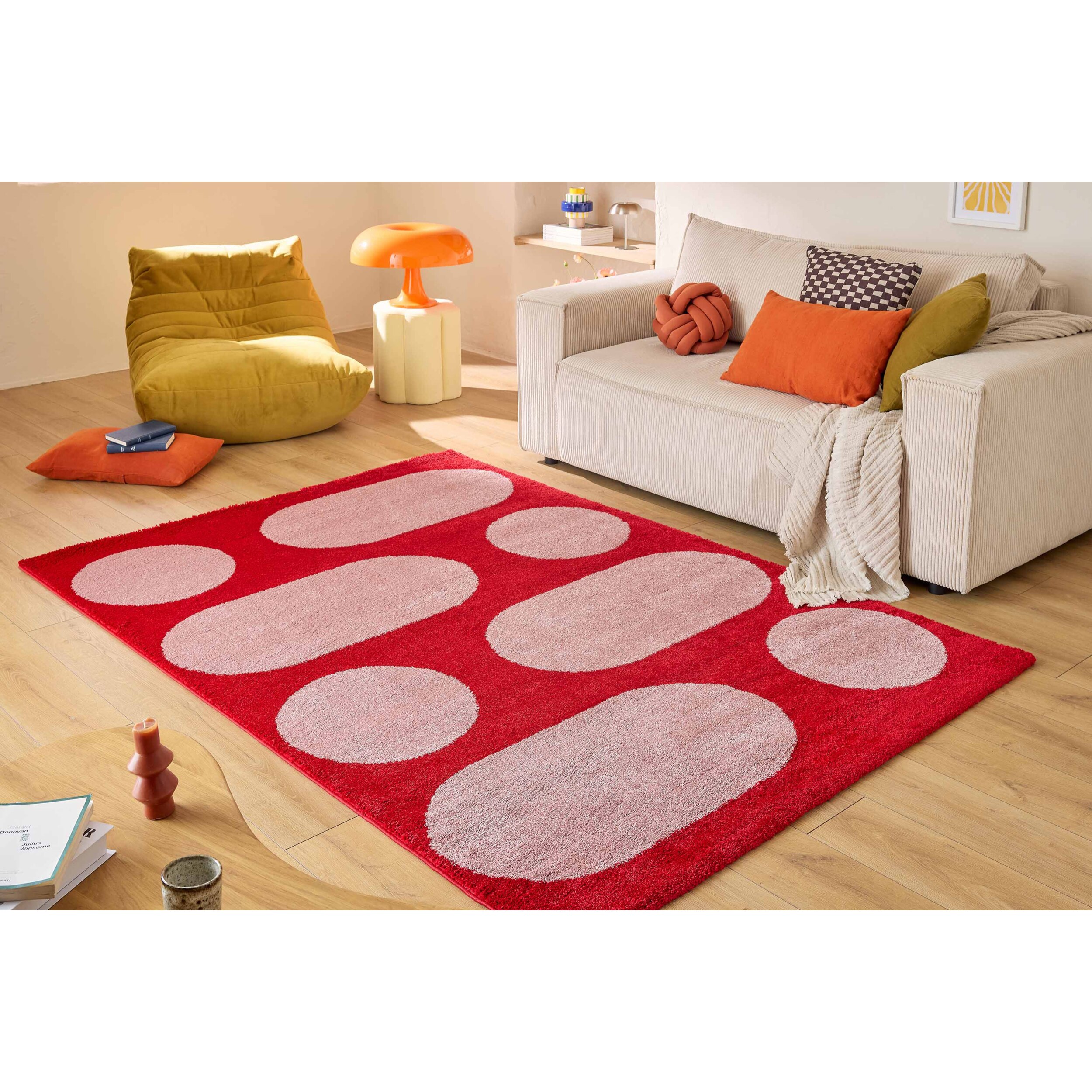 GROOVY - Tapis rétro coloré à motif géométrique - Confortable et moelleux - Rouge