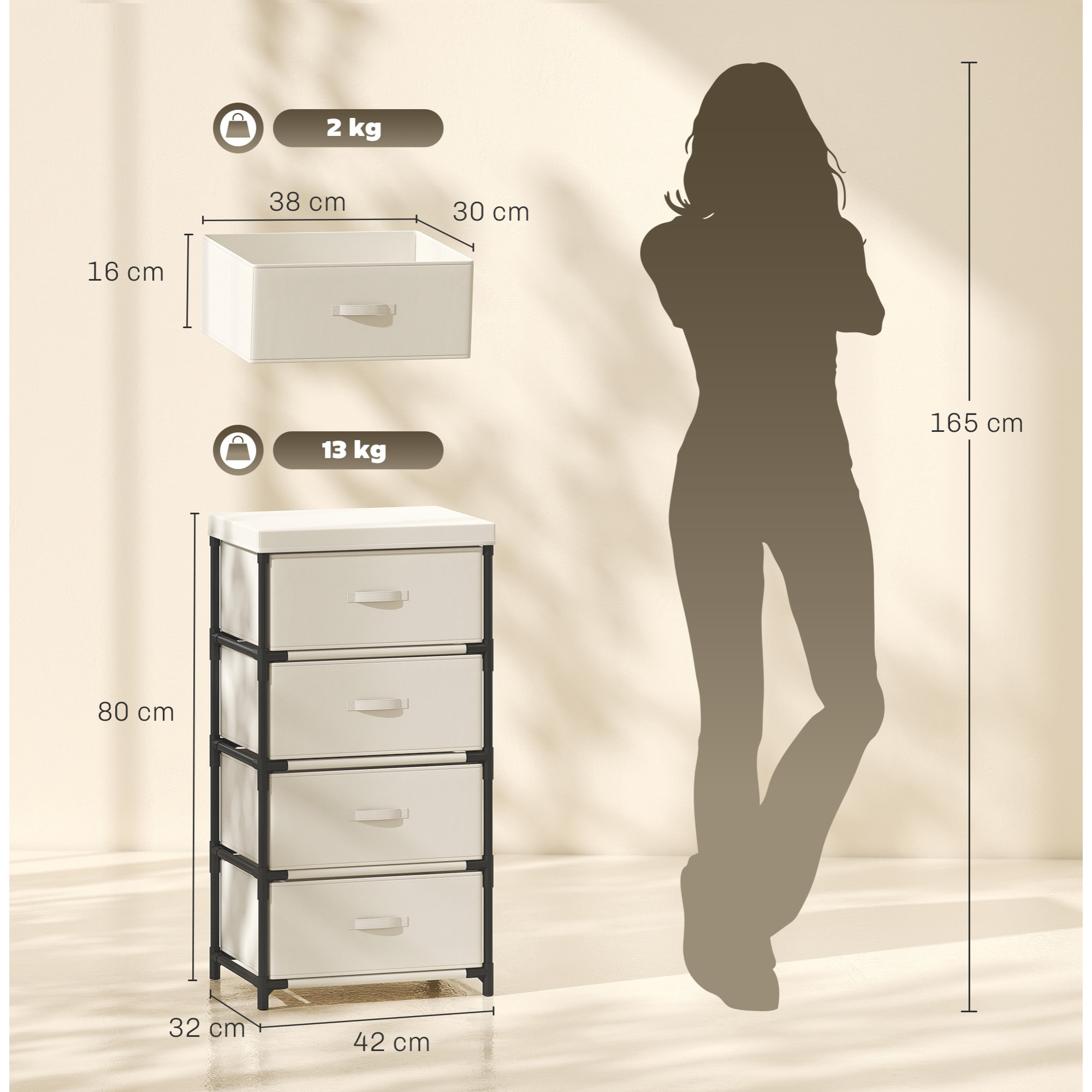 HOMCOM Cómoda con 4 Cajones de Tela, Cómoda para Dormitorio, Marco de Acero, Montaje Rápido, Cajonera para Salón, Oficina, Vestidor, Beige