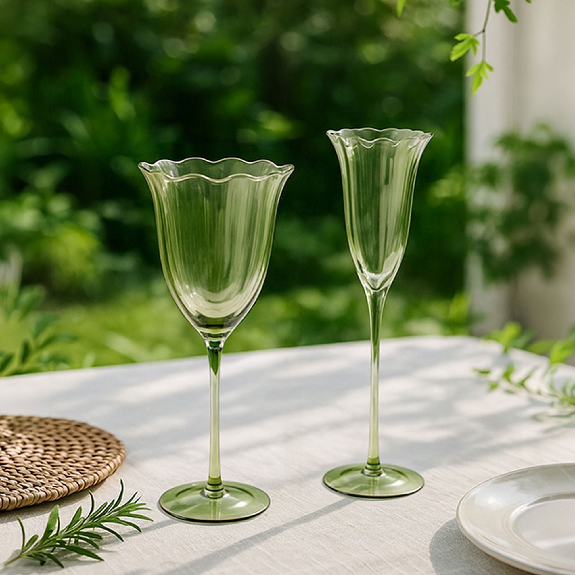 Lot de 4 verres à pieds en verre en forme de fleur 48,5cl verts EDEN