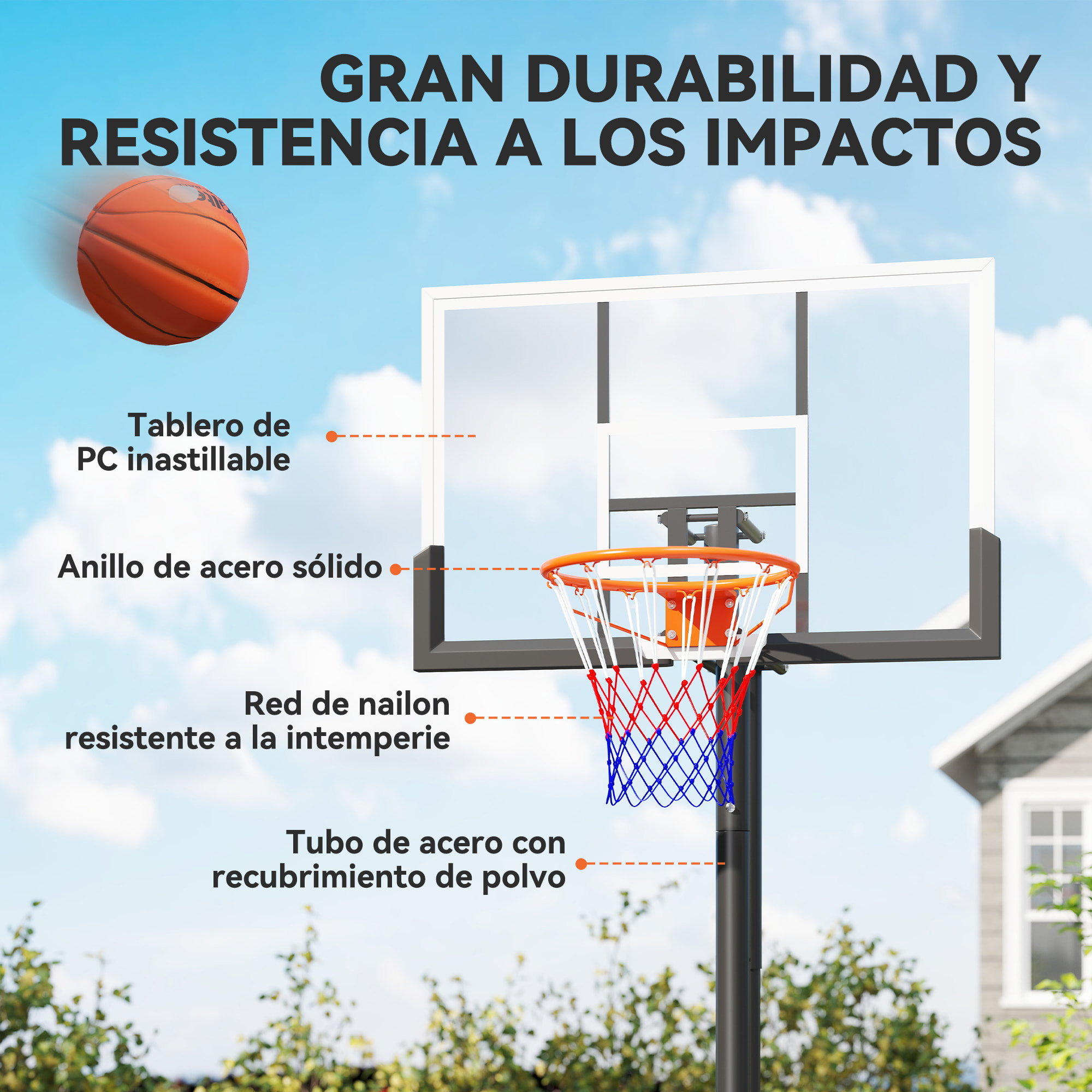 Canasta de Baloncesto para Exterior, Altura Ajustable 230-305 cm, Canasta de Baloncesto con Soporte, Tablero Irrompible 120 cm, Aro Ø48 cm y Base Estable, para Adolescentes y Adultos, Negro