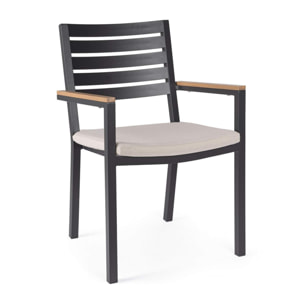 Set 4 sedie da giardino ELDA con cuscino beige, braccioli effetto legno e struttura antracite