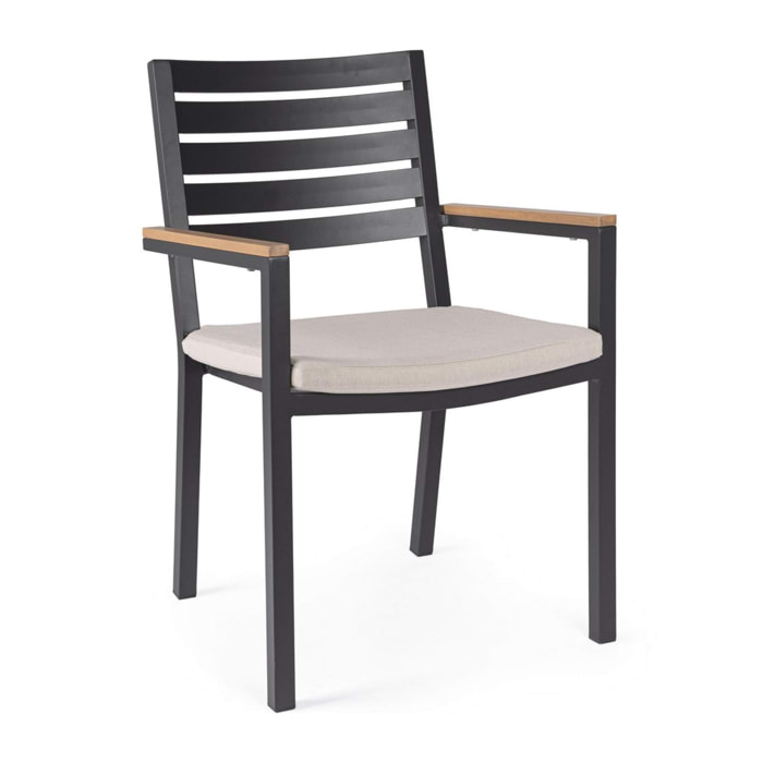 Set 4 sedie da giardino ELDA con cuscino beige, braccioli effetto legno e struttura antracite