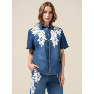Oltre - Camisa vaquera con bordado floral - Azul