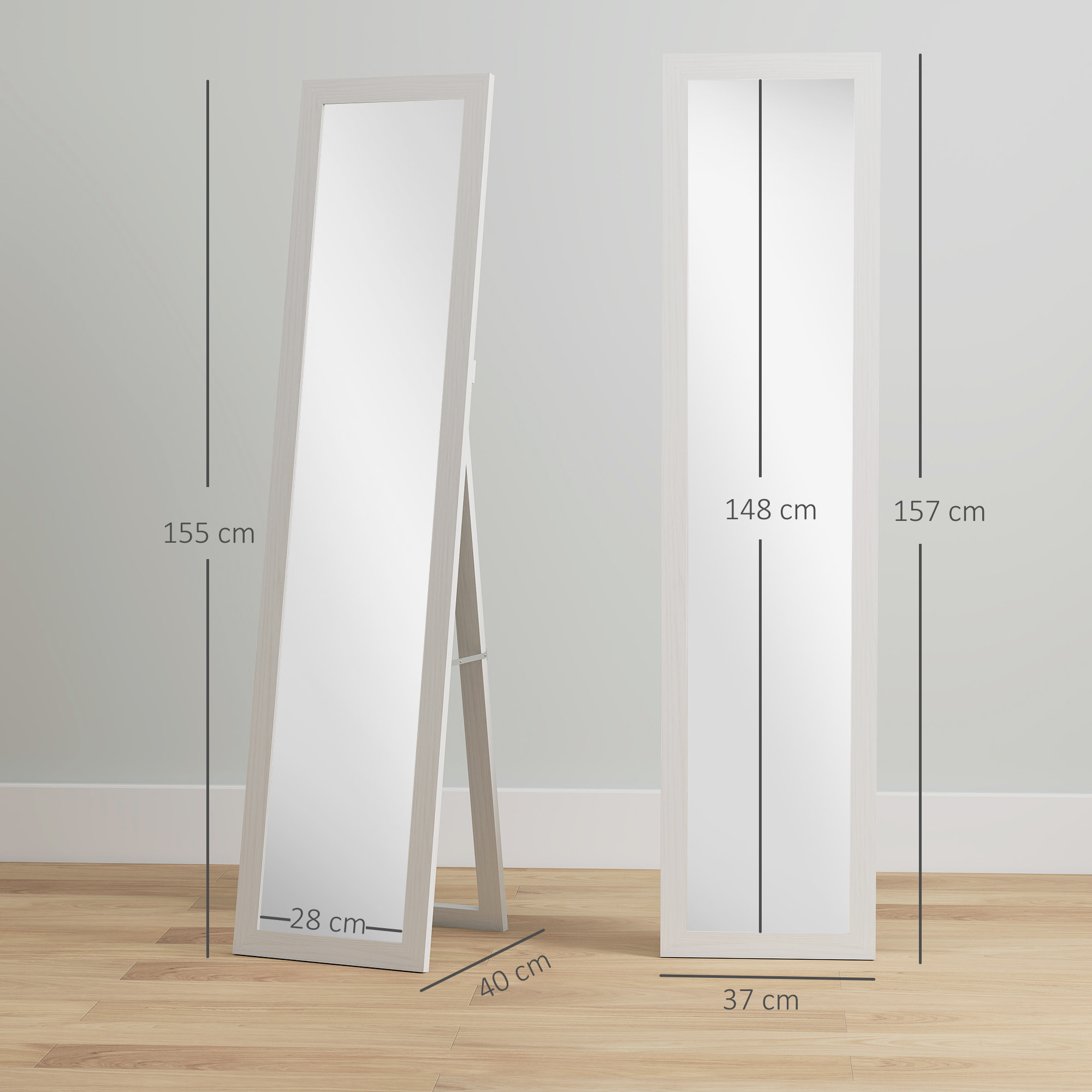 Miroir sur pied et mural rectangulaire dim. 37L x 40l x 157H cm aspect bois blanc