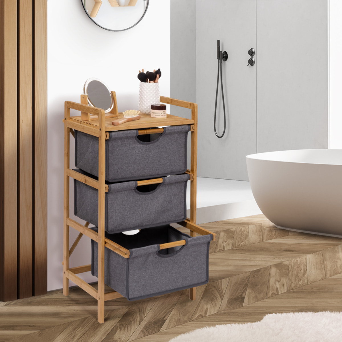 Meuble multi rangements Maya 3 tiroirs en bois et tissu