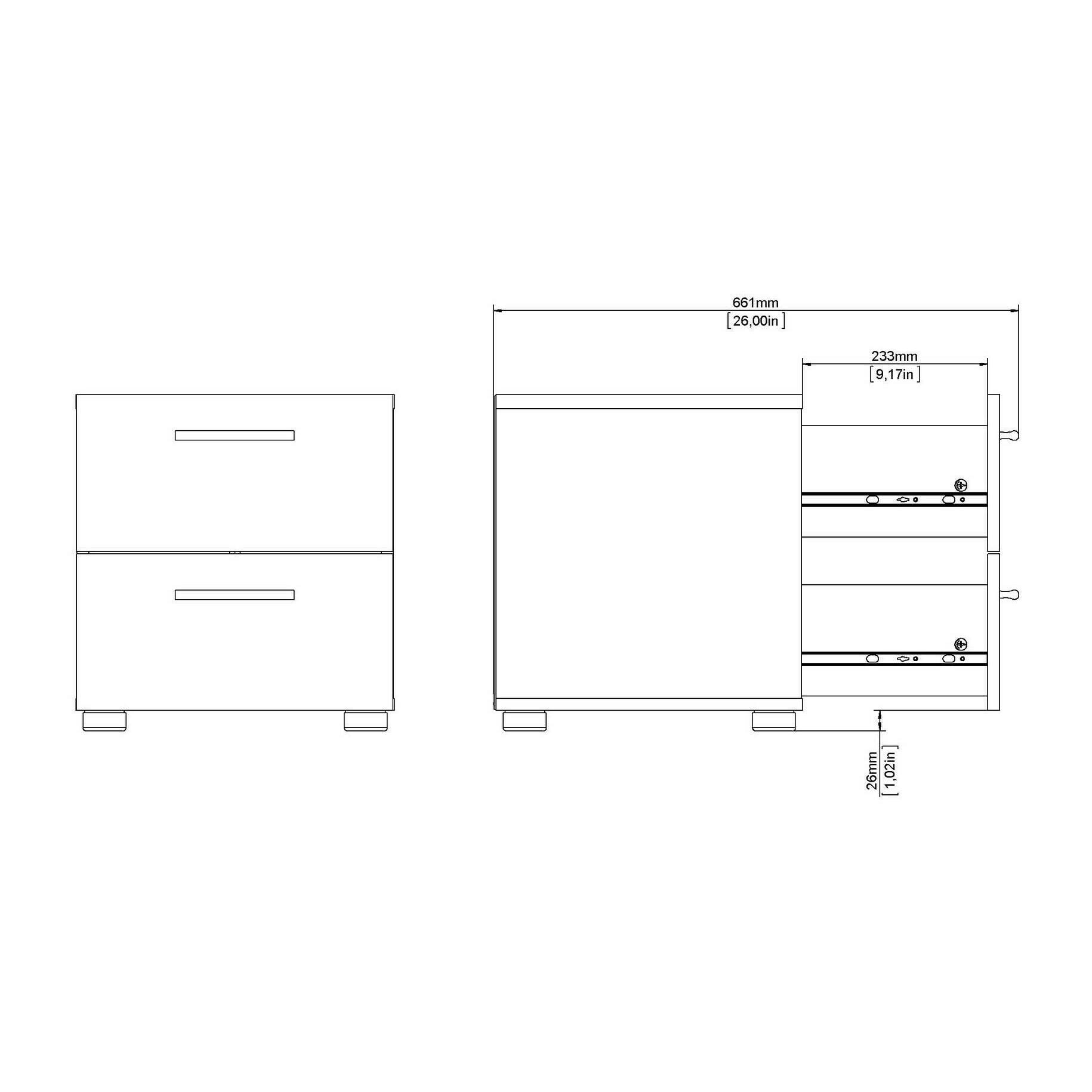 Comodino a due cassetti con maniglia, colore bianco, cm 40 x 42 x 40