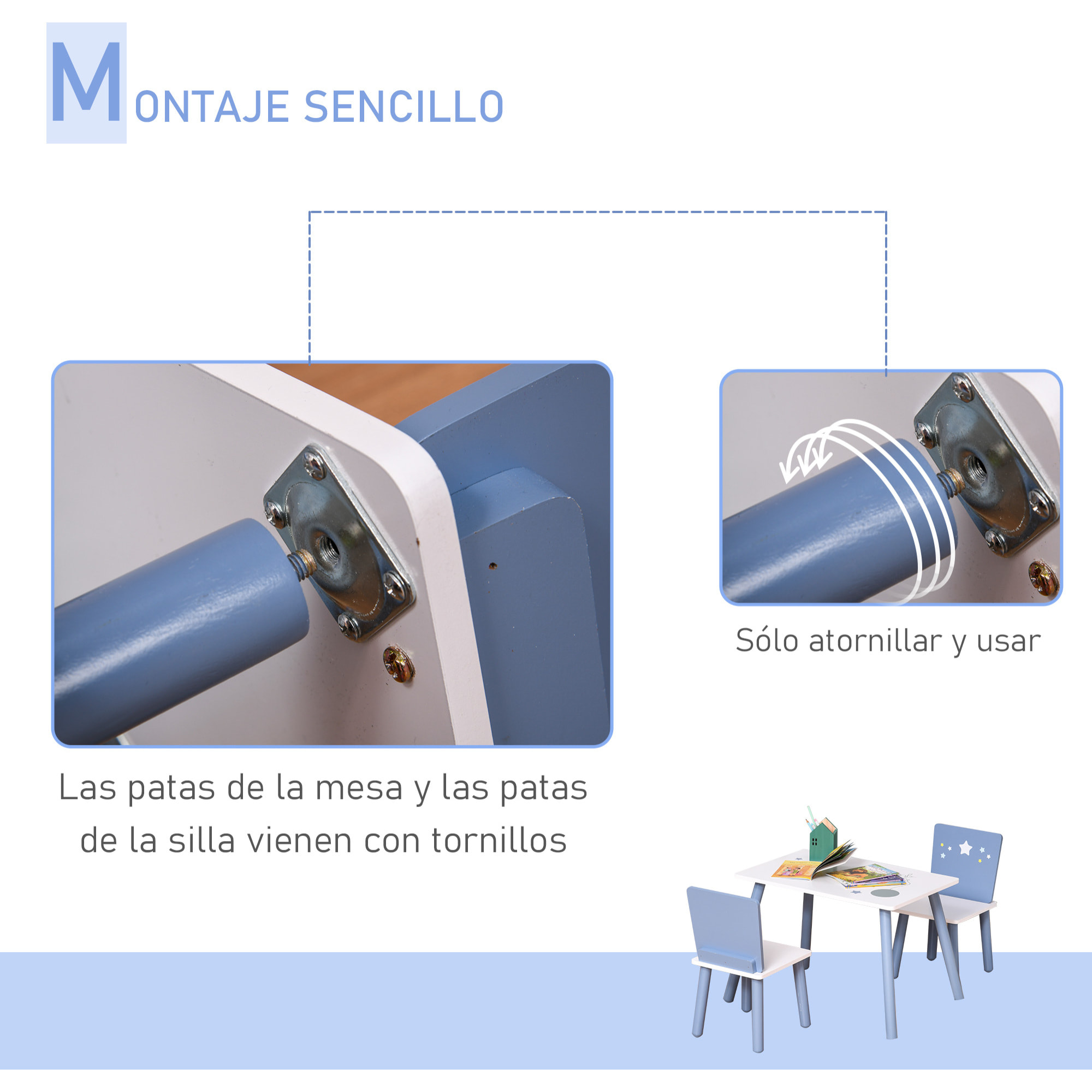 Juego de Mesa Infantil y 2 Sillas de Madera Mesa con Sillas para Niños de 2-4 Años Mesa 60x40x43 cm y Sillas 28x26x48 cm para Dormitorio Sala Blanco y Azul